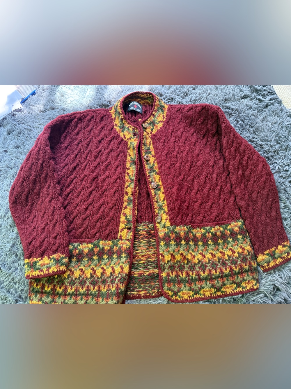 Hand-Knit Burgundy Cable Cardigan Sweater with Multicolor Trim